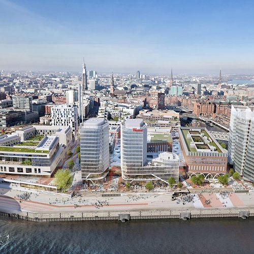 Baustelle vom Überseequartier Hamburg mit Elphilharmonie im Hintergrund
